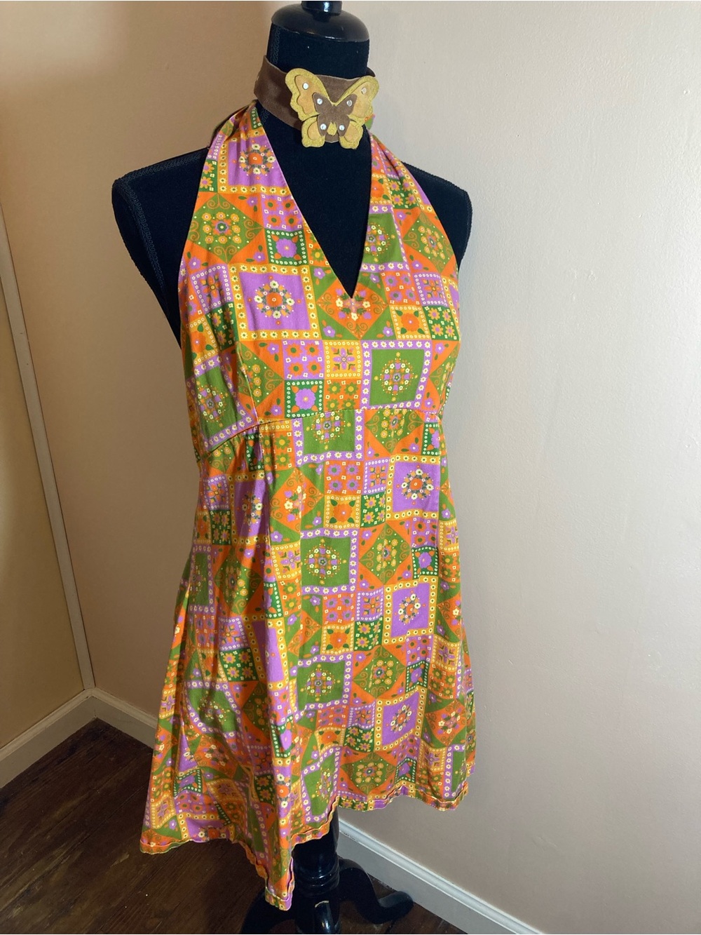 Retro Halter Mini Dress in Green & Orange